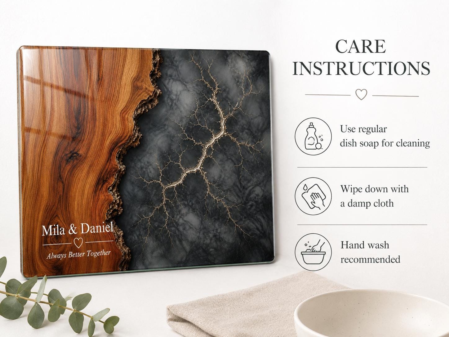 Personalized Cutting Board, Glass Gray Marble Chopping Board, Wedding Gift Idea