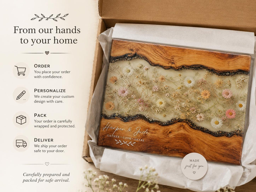 Couples Personalized Cutting Board, Blue Resin and Wood Grain (Custom Names)