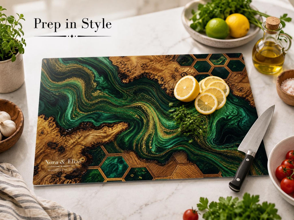Custom Glass Cutting Board: Purple Geode Style - Personalized Names