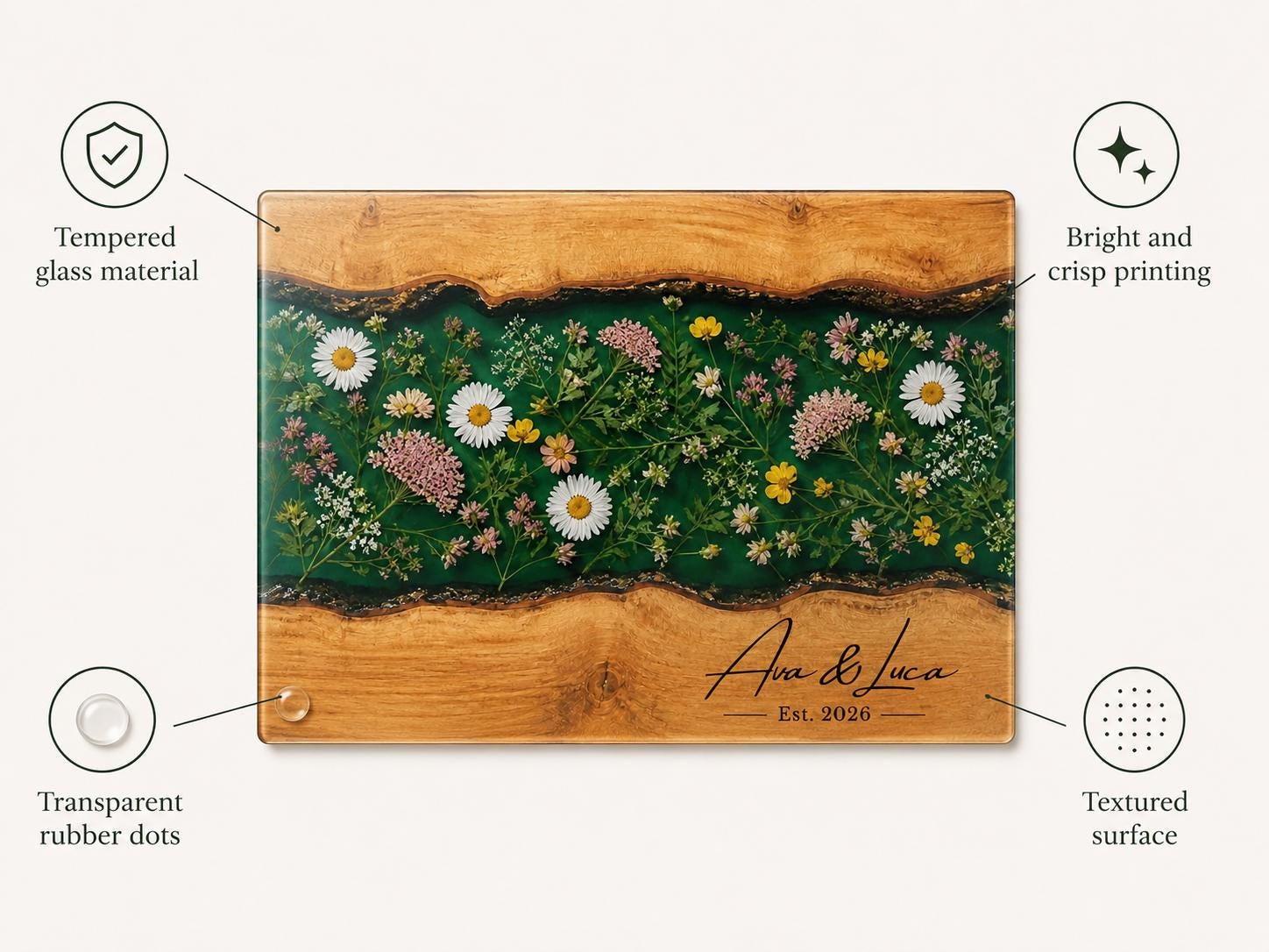 Custom Glass Cutting Board: Blue Resin Style - Personalized Names Included