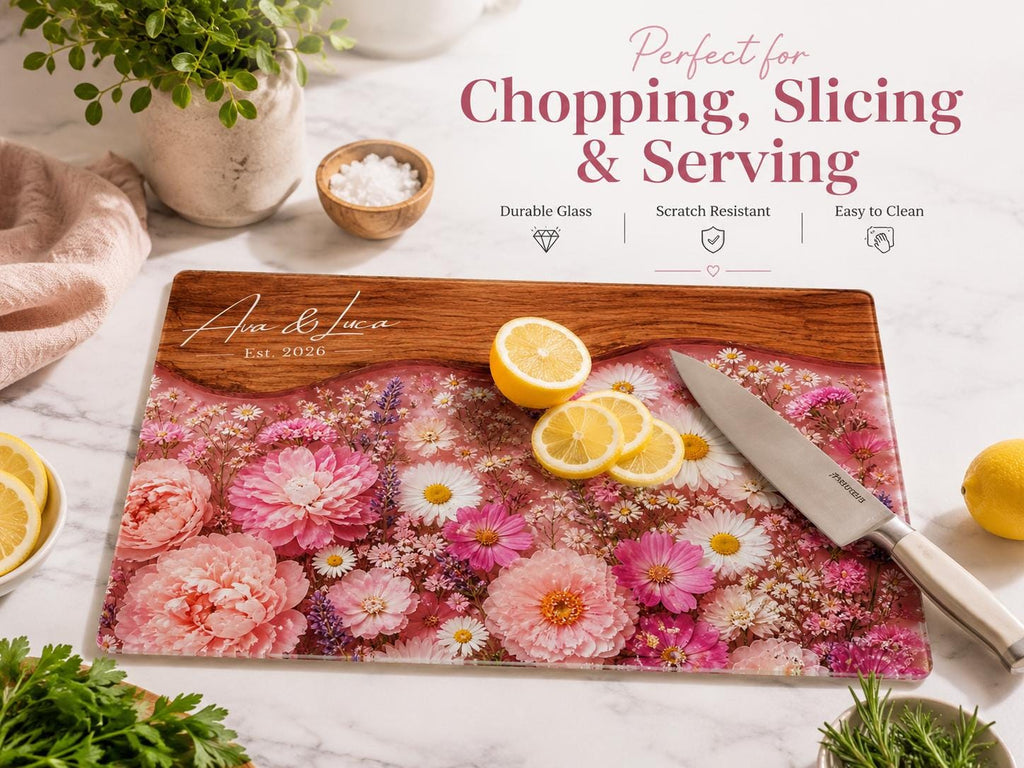 Personalized Floral Cutting Board, Pink Wildflower Glass Board, Custom Kitchen Gift