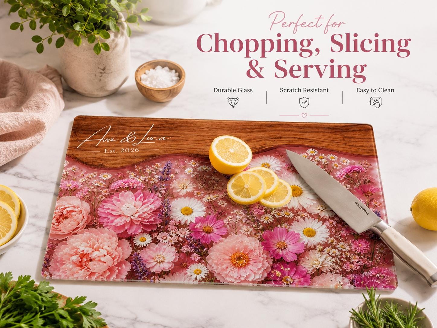 Personalized Floral Cutting Board, Pink Wildflower Glass Board, Custom Kitchen Gift