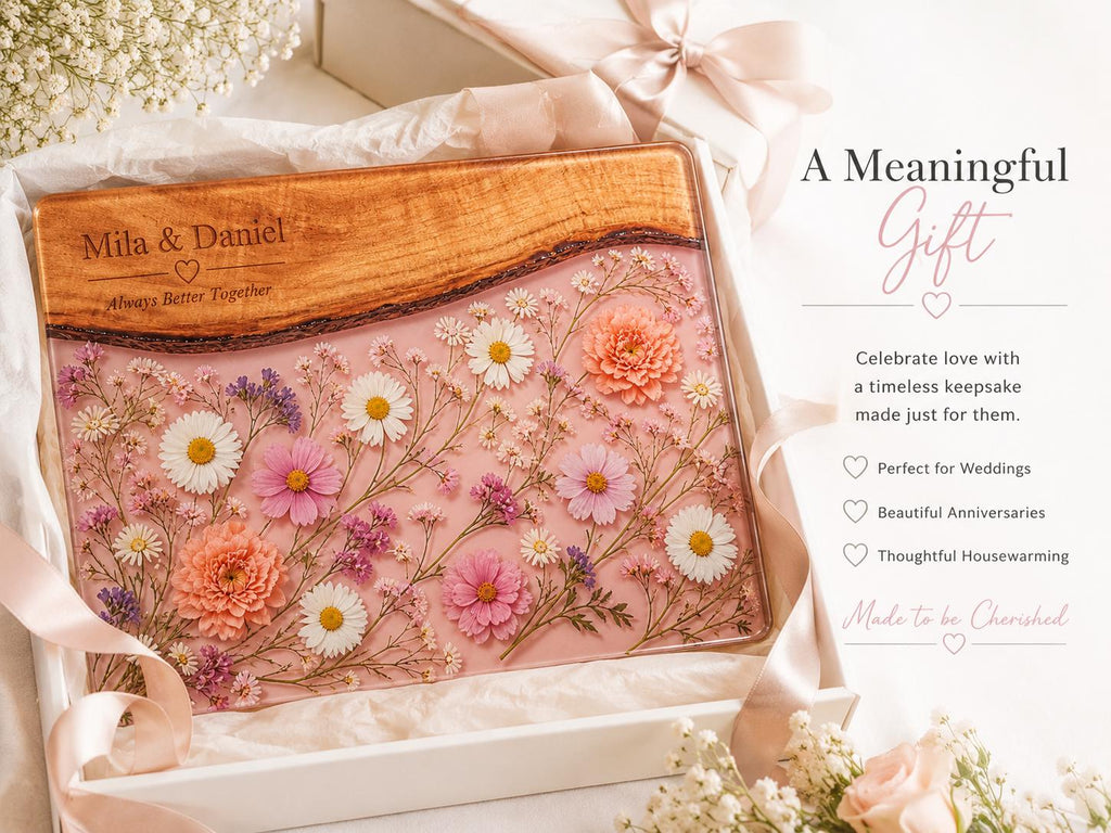 Personalized Floral Charcuterie Board, Pink Glass Serving Board, Custom Couple Cheese Board Gift
