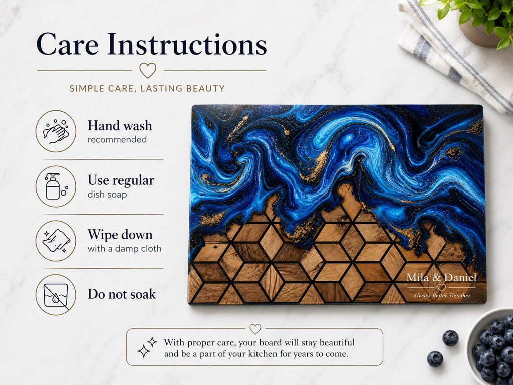 Custom Glass Cutting Board: Blue Resin Style - Names and Dates Included