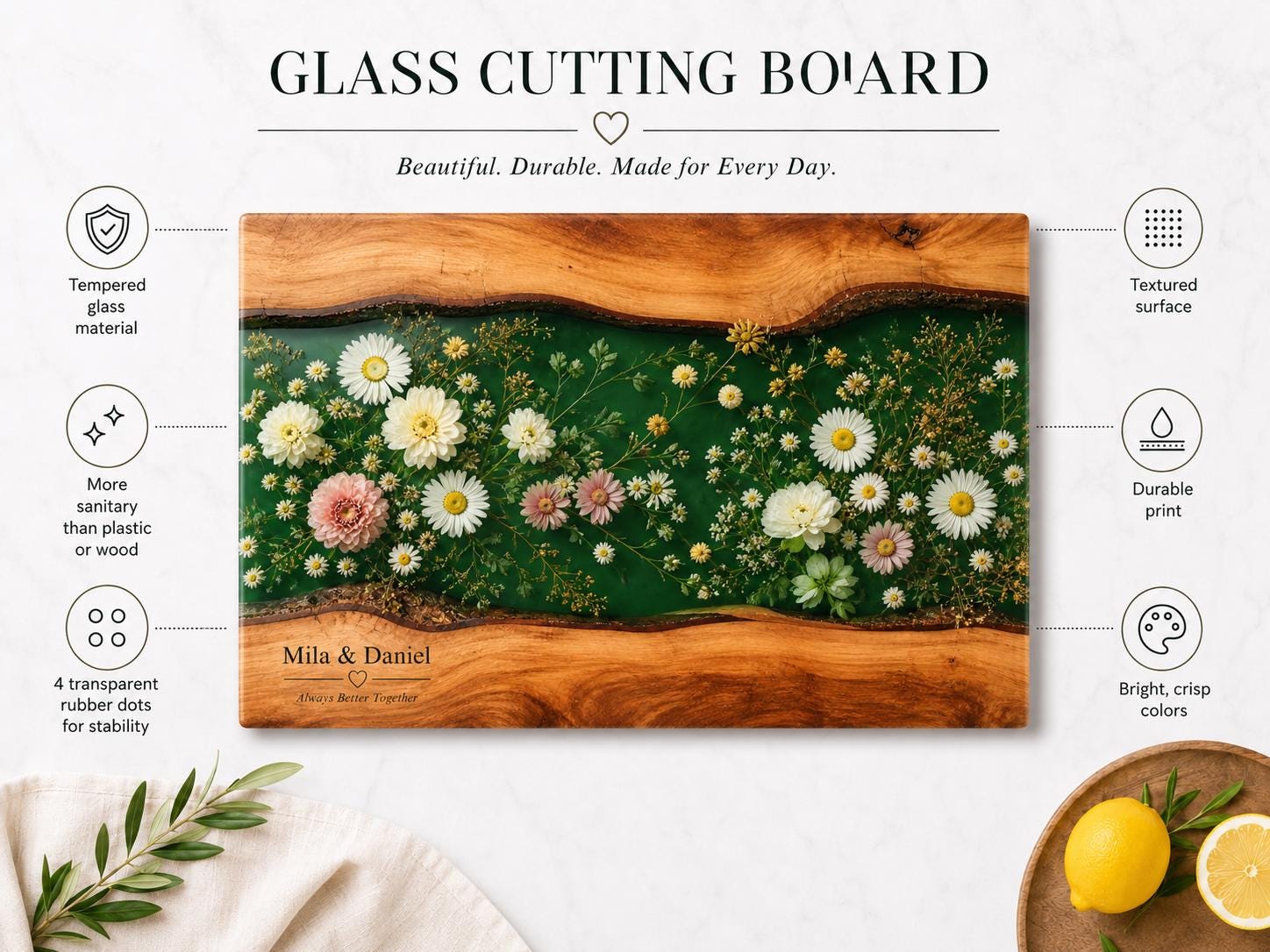 Personalized Floral Cutting Board, Green Daisy Glass Board, Custom Couple Kitchen Gift