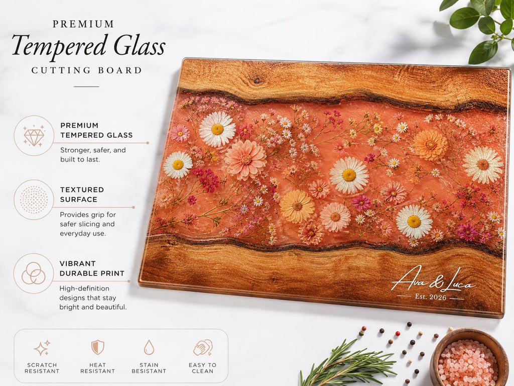 Personalized Floral Kitchen Decor Board, Coral Wildflower Serving Board, Custom Couple Housewarming Gift