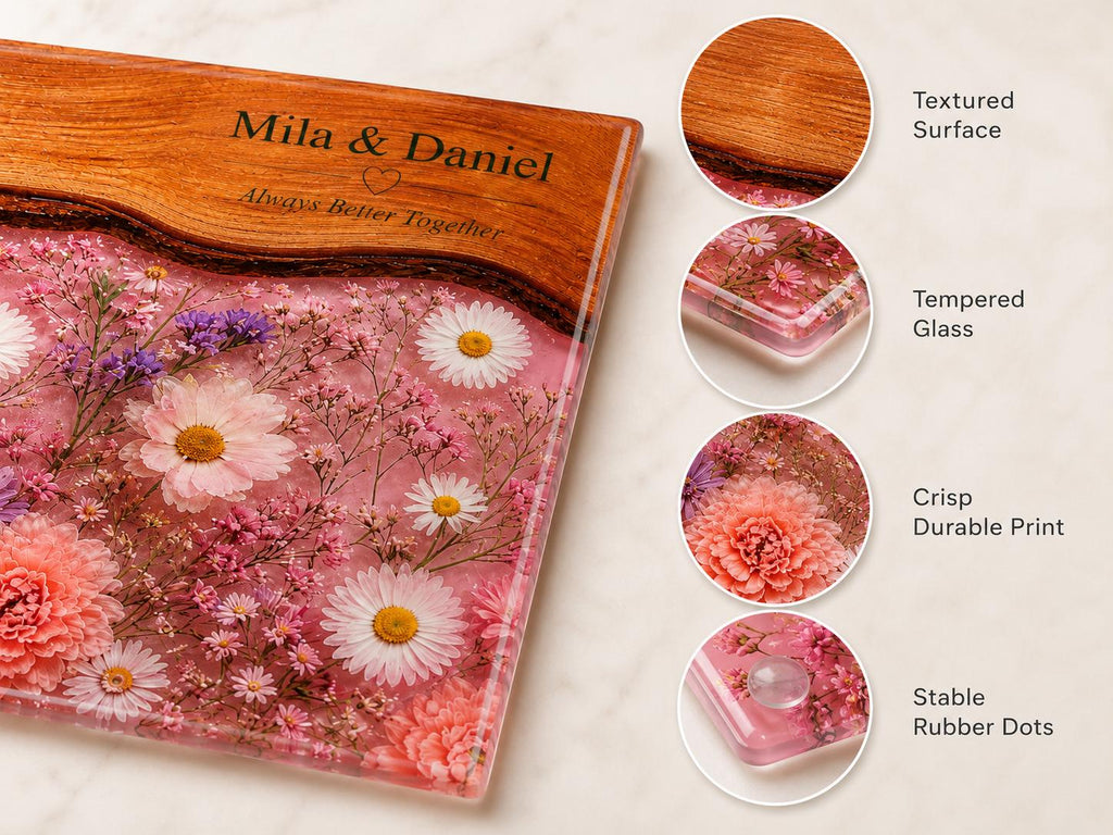 Personalized Glass Cutting Board, Pink Floral Tempered Glass Board, Custom Couple Wedding Gift