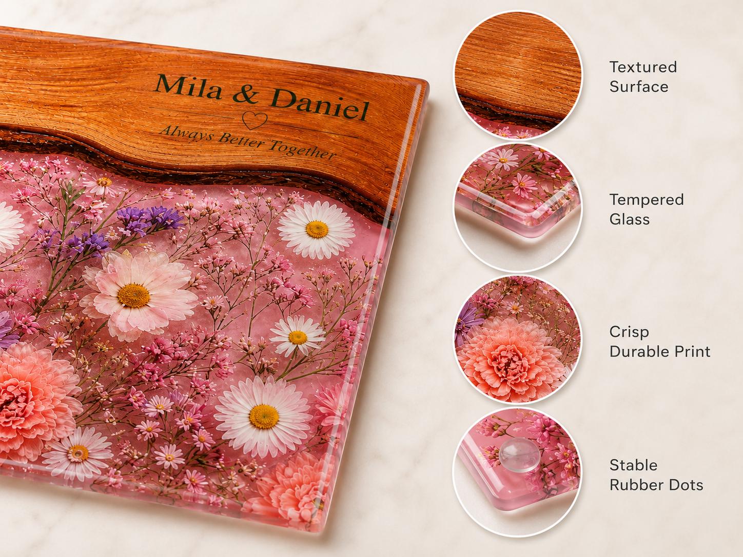 Personalized Glass Cutting Board, Pink Floral Tempered Glass Board, Custom Couple Wedding Gift