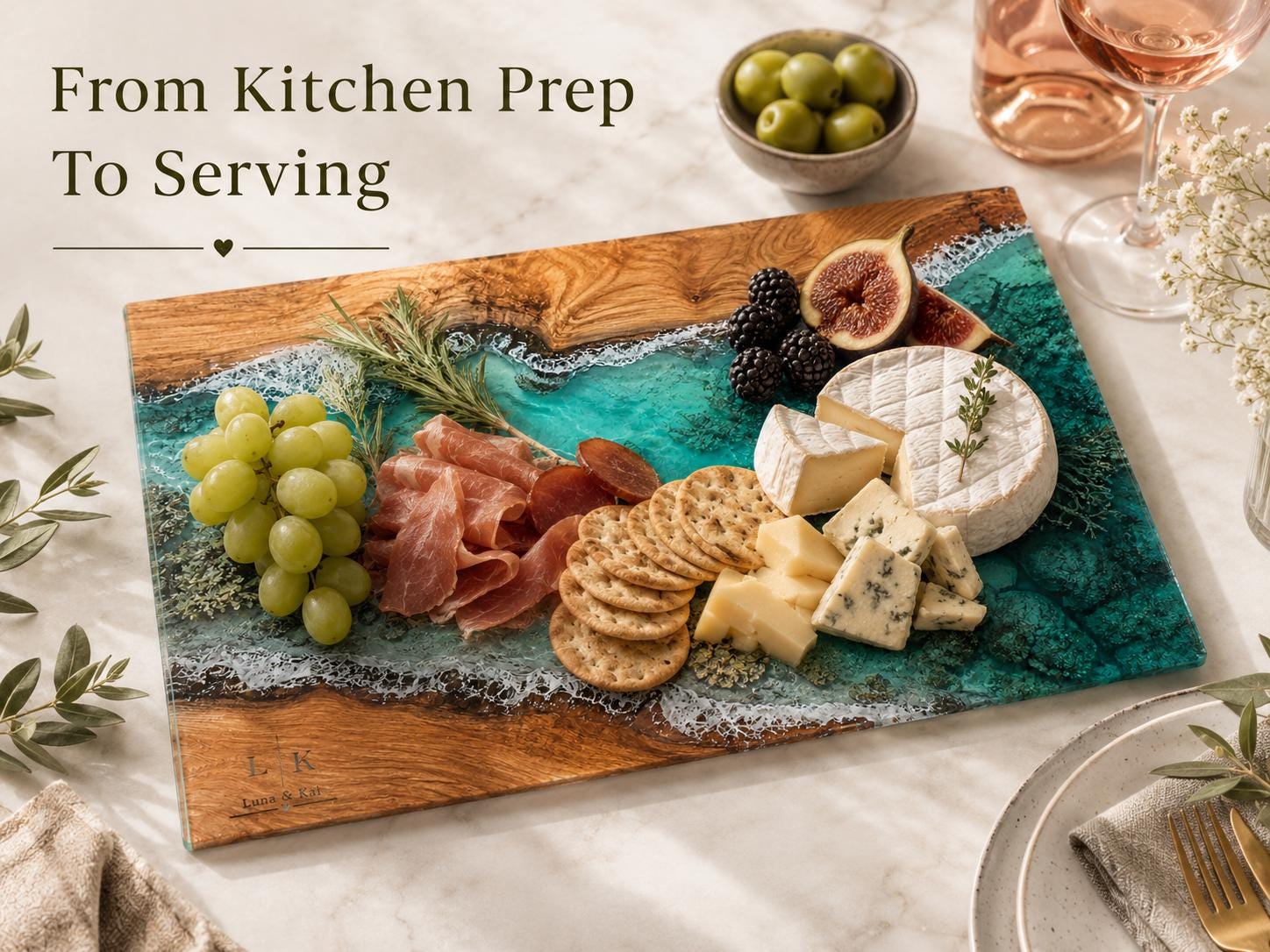 Personalized Glass Cutting Board: Blue Resin Look, Custom Names