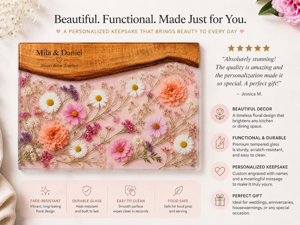 Personalized Floral Charcuterie Board, Pink Glass Serving Board, Custom Couple Cheese Board Gift