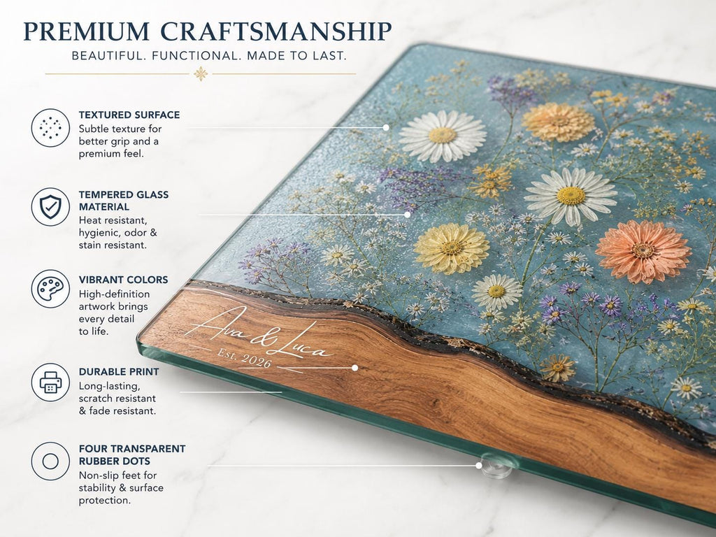 Personalized Floral Cutting Board, Botanical Charcuterie Board, Spring Kitchen Gift, Custom Couples Names Cutting Board