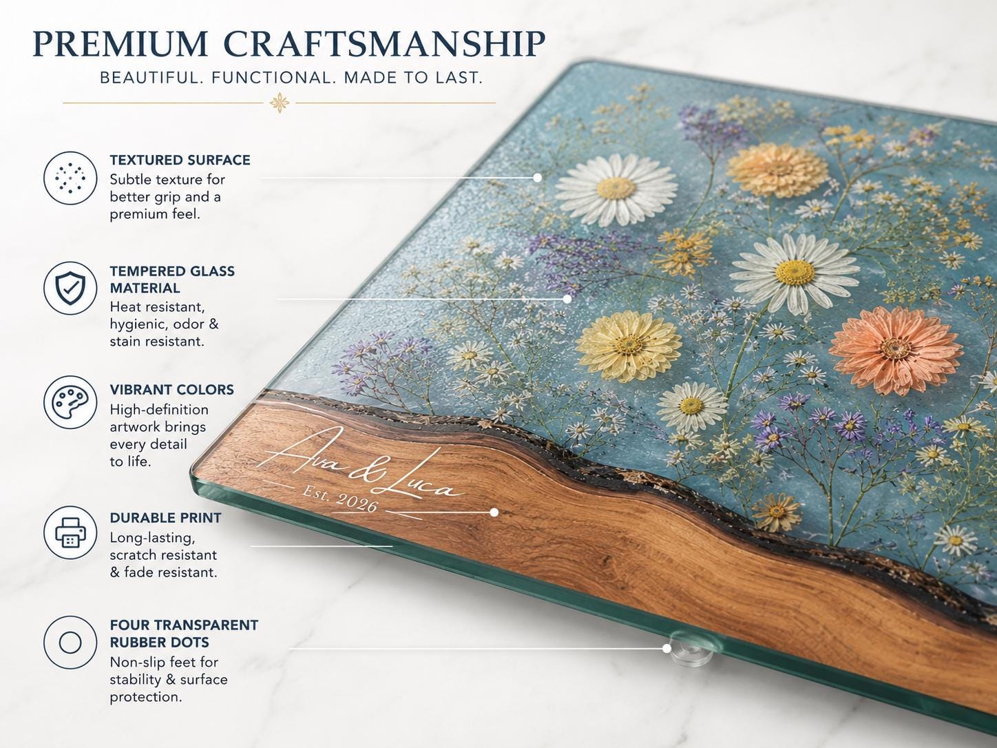 Personalized Floral Cutting Board, Botanical Charcuterie Board, Spring Kitchen Gift, Custom Couples Names Cutting Board