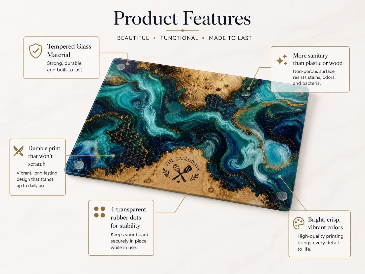 Personalized Glass Cutting Board - Blue Resin Style with Gold Details