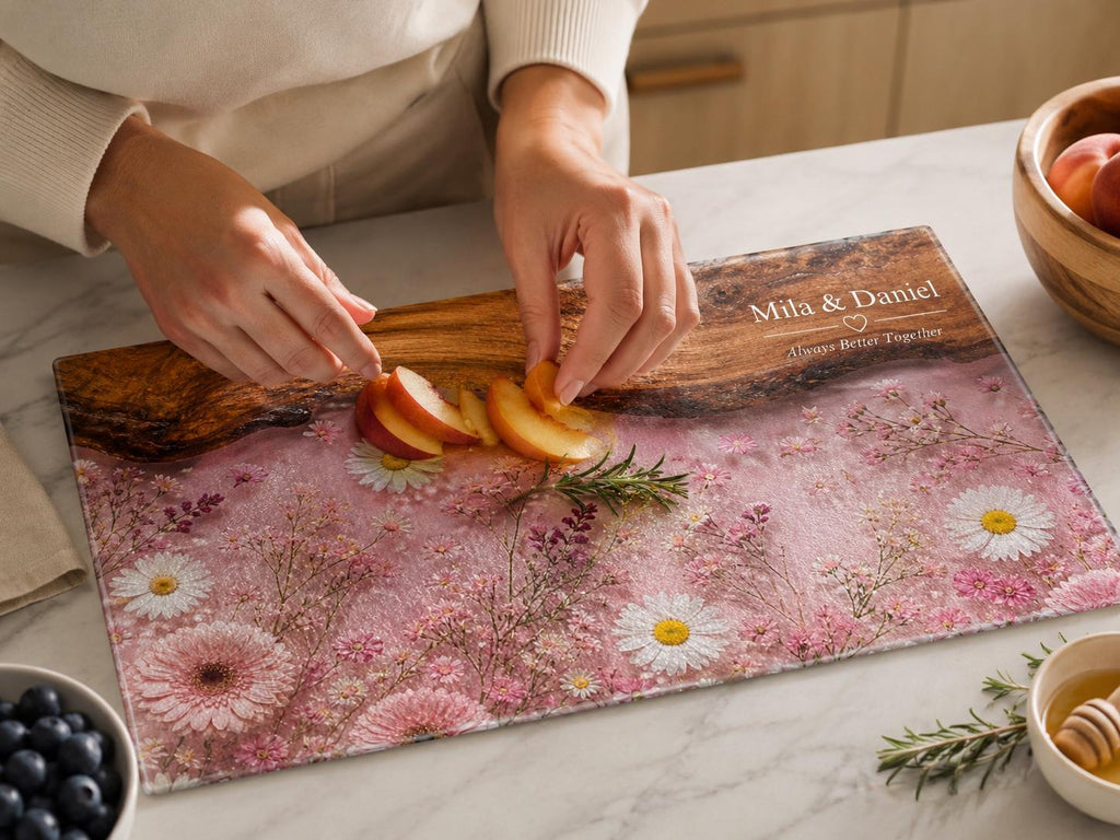 Personalized Pink Daisy Serving Board, Floral Glass Charcuterie Board, Custom Couple Wedding Gift