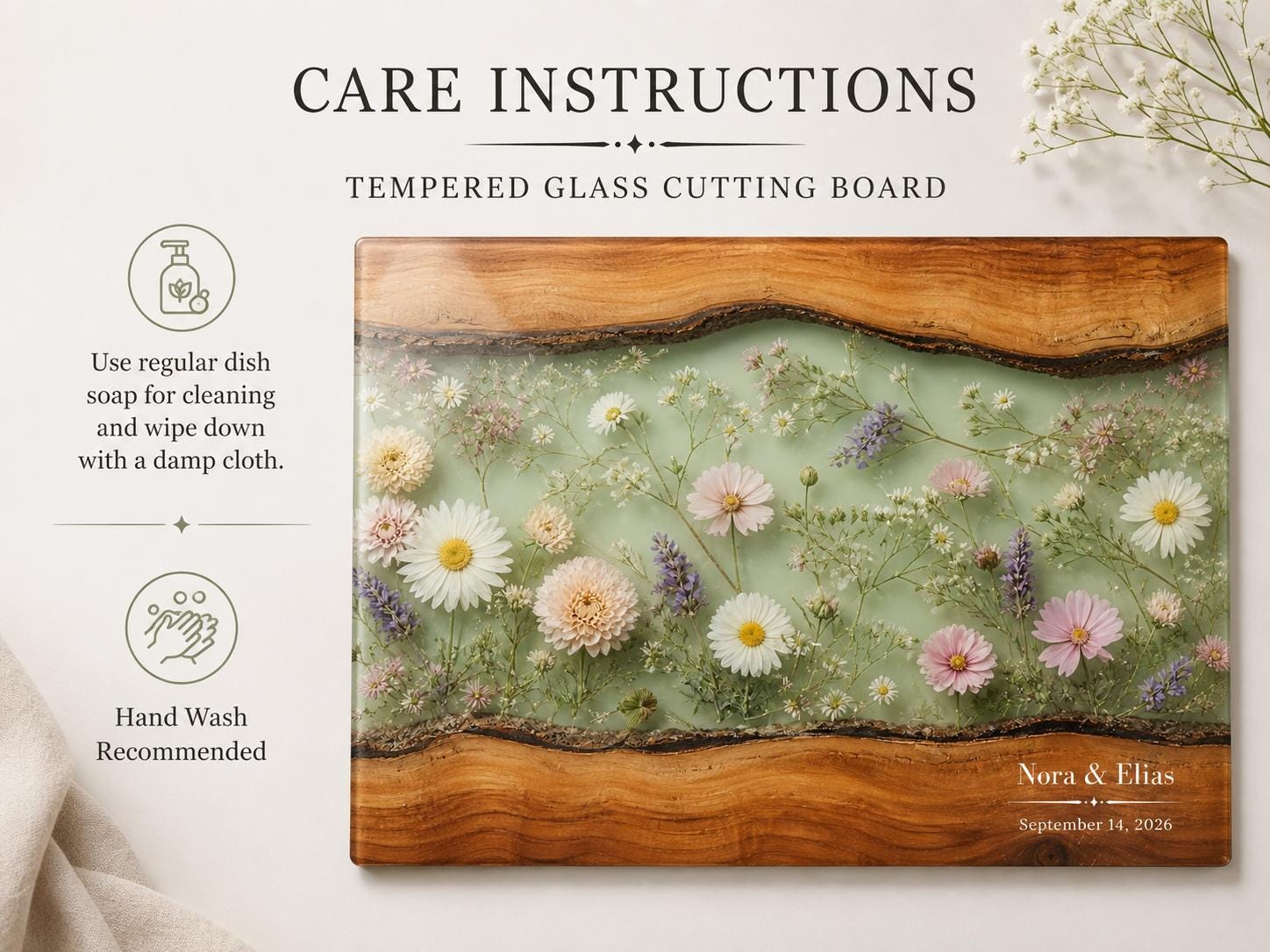 Personalized Cutting Board, Sage Floral Chopping Board, Housewarming Gift