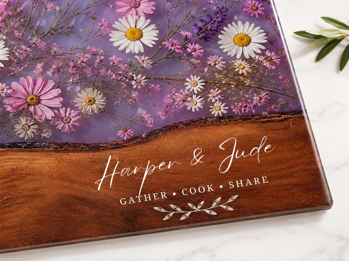 Personalized Floral Cutting Board, Purple Wildflower Glass Board, Custom Kitchen Gift for Housewarming