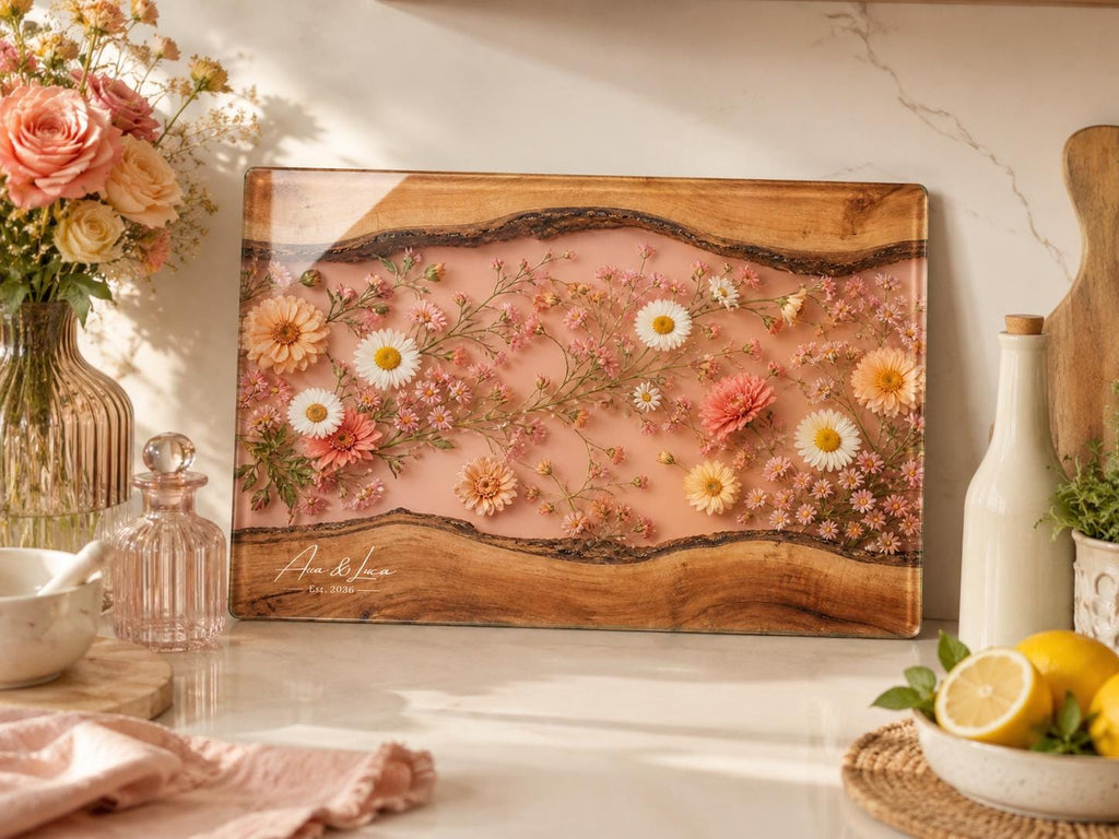 Personalized Blush Floral Kitchen Decor Board, Custom Couple Serving Board, Romantic Housewarming Gift