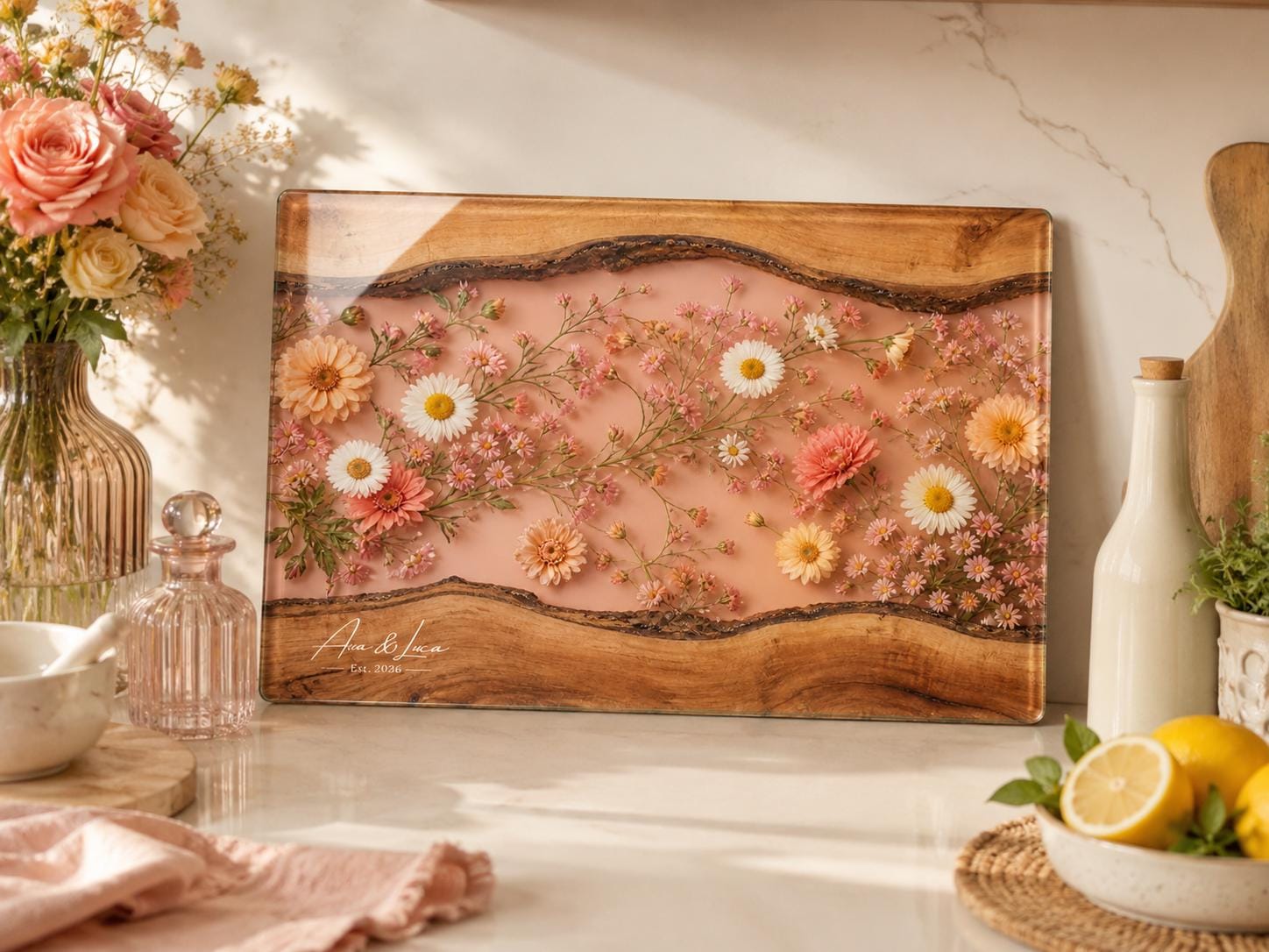 Personalized Blush Floral Kitchen Decor Board, Custom Couple Serving Board, Romantic Housewarming Gift