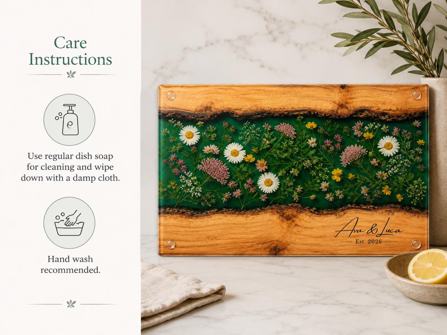 Custom Glass Cutting Board: Blue Resin Style - Personalized Names Included