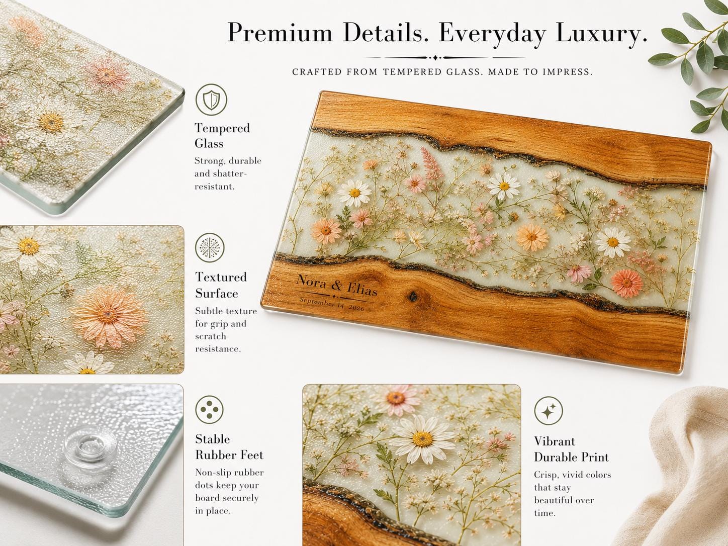 Personalized Cutting Board, Ivory Floral Cheese Board, Wedding Gift Idea