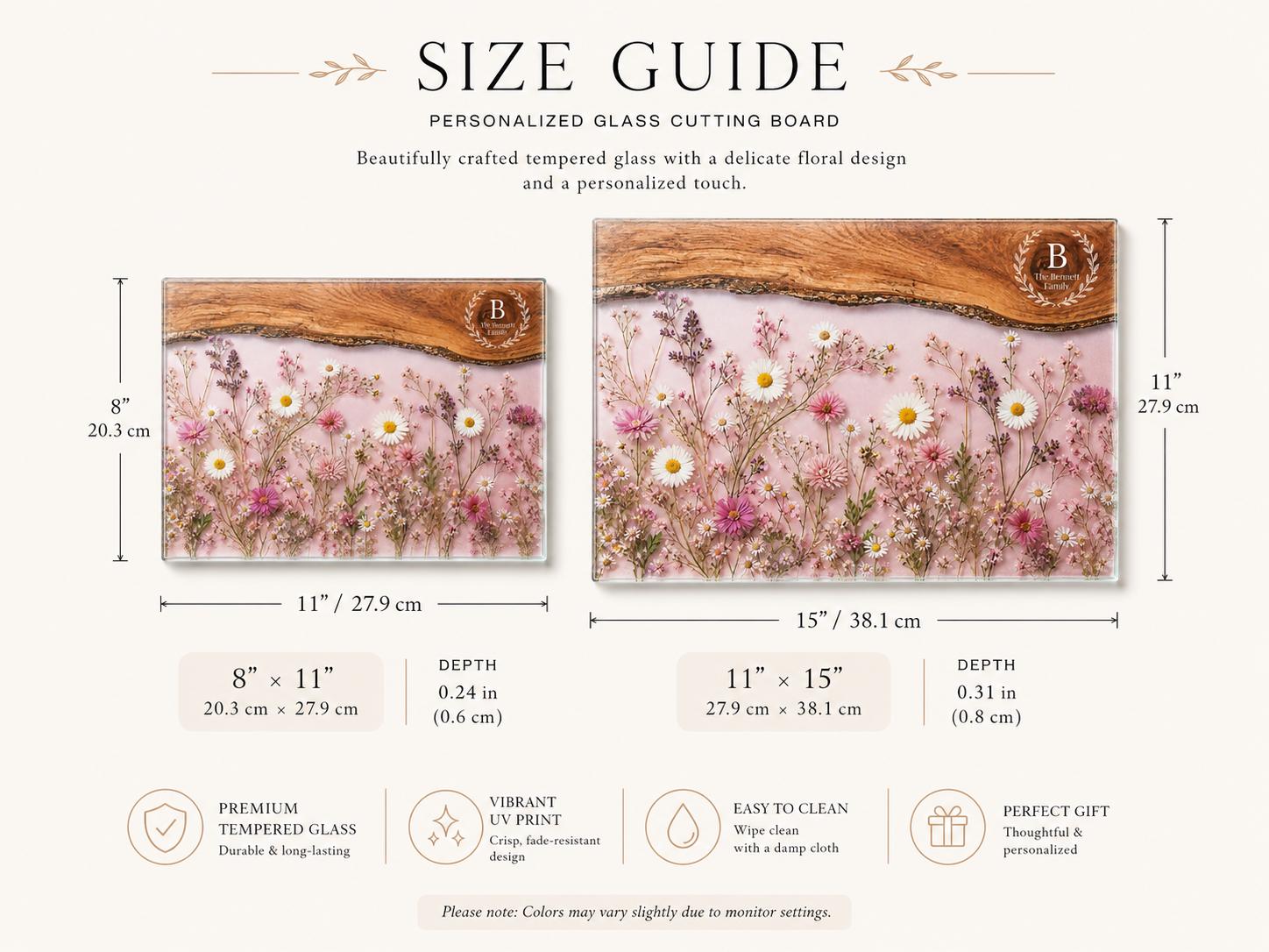 Personalized Family Monogram Serving Board, Pink Wildflower Glass Board, Custom Housewarming Gift