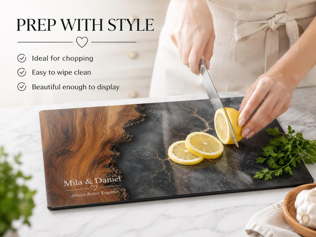 Personalized Cutting Board, Glass Gray Marble Chopping Board, Wedding Gift Idea