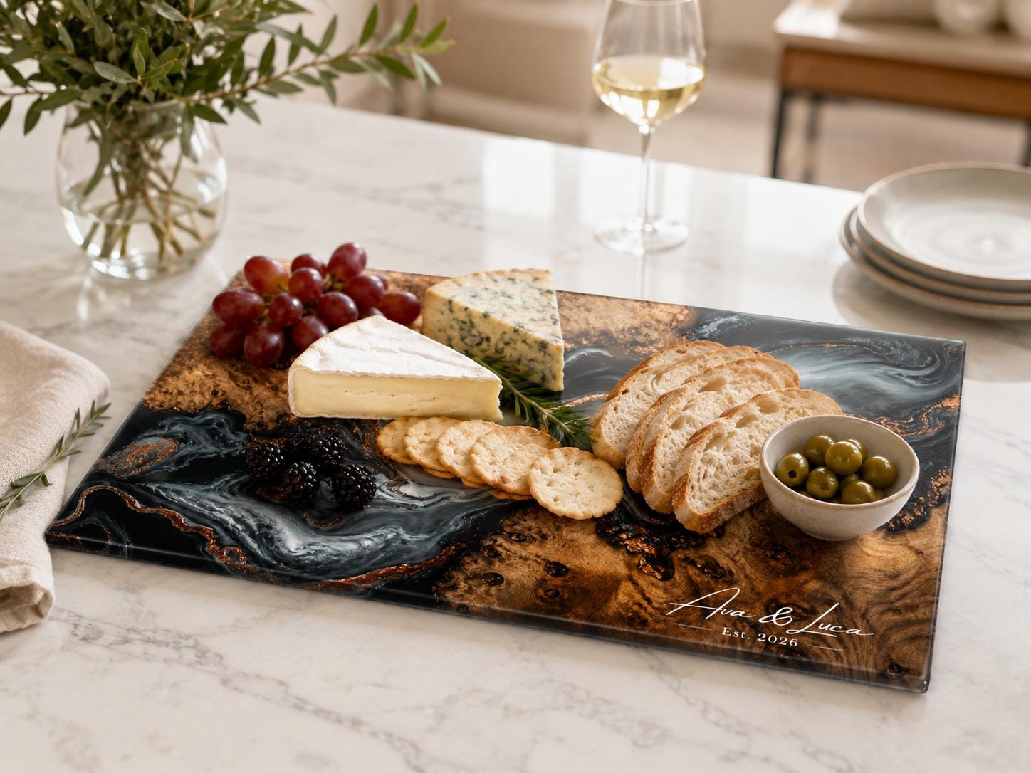 Personalized Chopping Board, Black Marble Glass Cutting Board, Custom Kitchen Gift