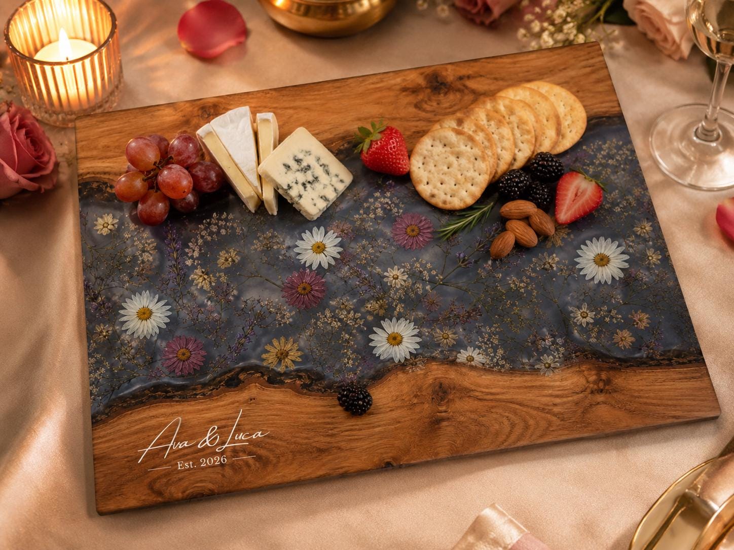 Personalized Charcuterie Board, Gray Floral Cutting Board, Housewarming Gift
