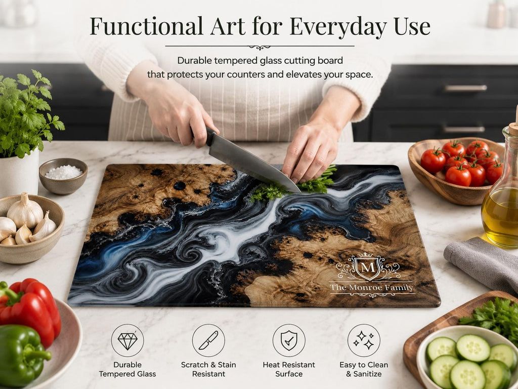 Personalized Glass Cutting Board - Purple Geode Art with Custom Names