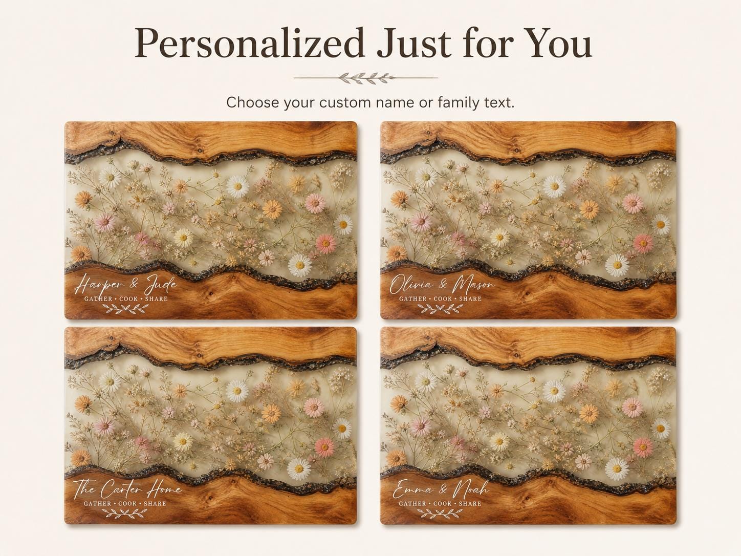 Couples Personalized Cutting Board, Blue Resin and Wood Grain (Custom Names)