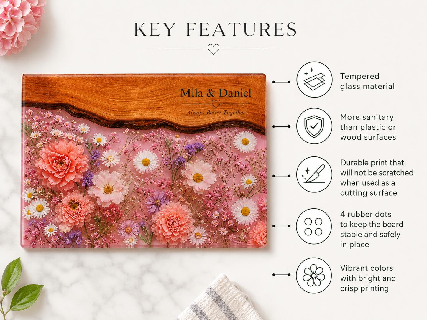 Personalized Glass Cutting Board, Pink Floral Tempered Glass Board, Custom Couple Wedding Gift