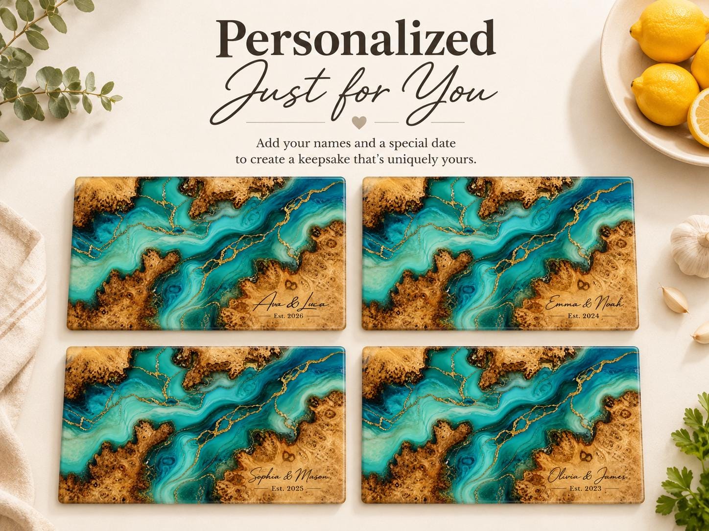 Custom Serving Board, Teal Gold Charcuterie Board, Personalized Kitchen Gift for Couple