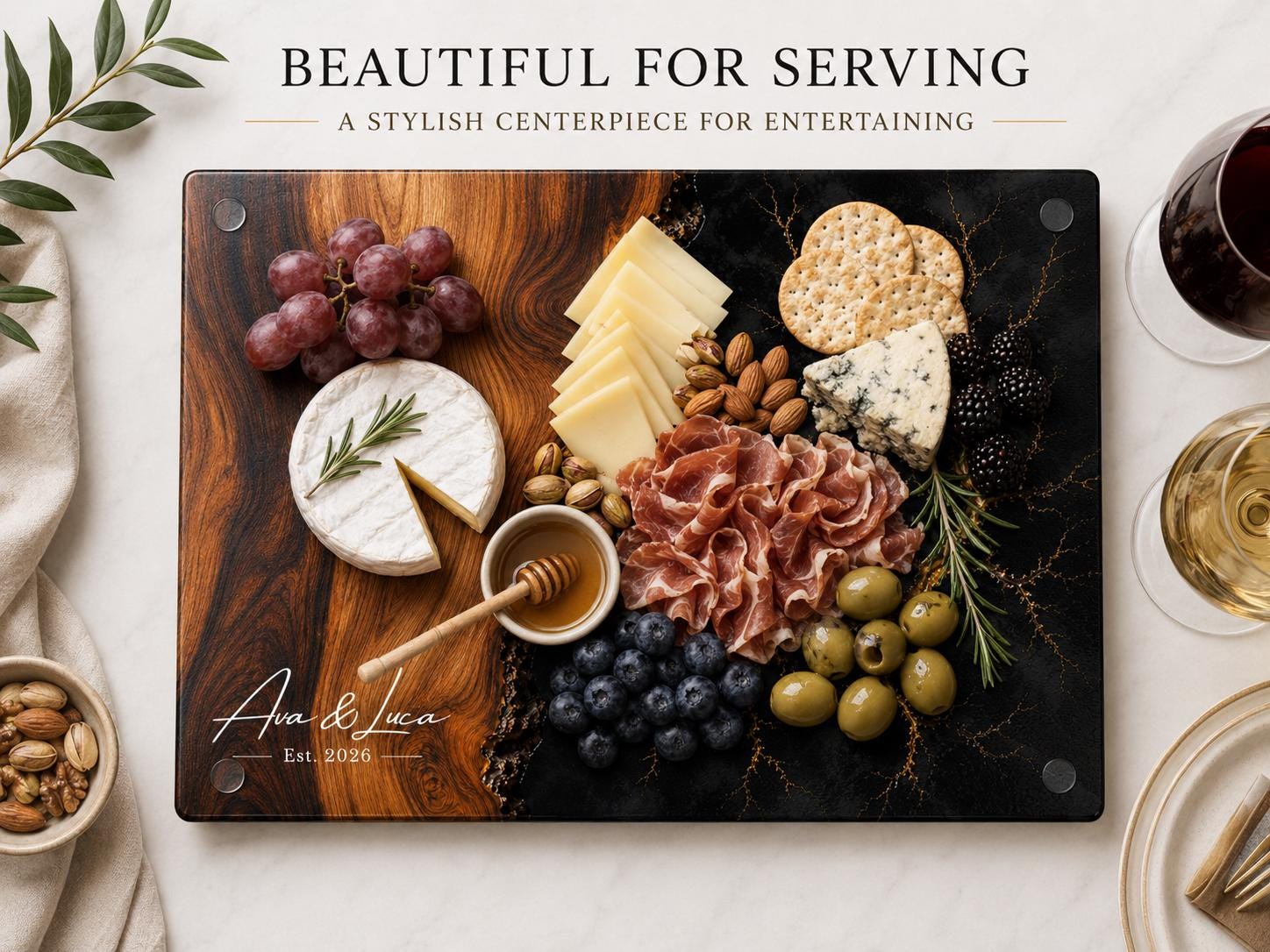 Personalized Glass Cutting Board, Purple Geode, Gold Accents (2 Sizes)