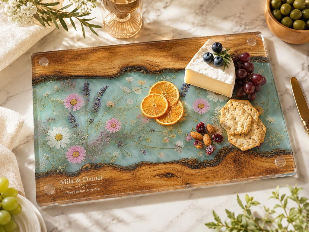 Glass Charcuterie Board: Personalized Blue Resin Design (Two Sizes)