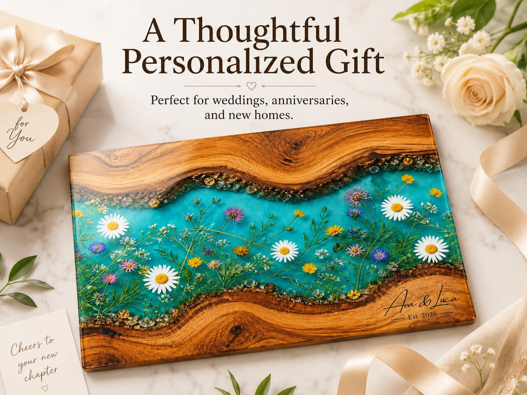 Personalized Turquoise Floral Glass Board, Custom Couple Cutting Board, Wildflower Kitchen Gift