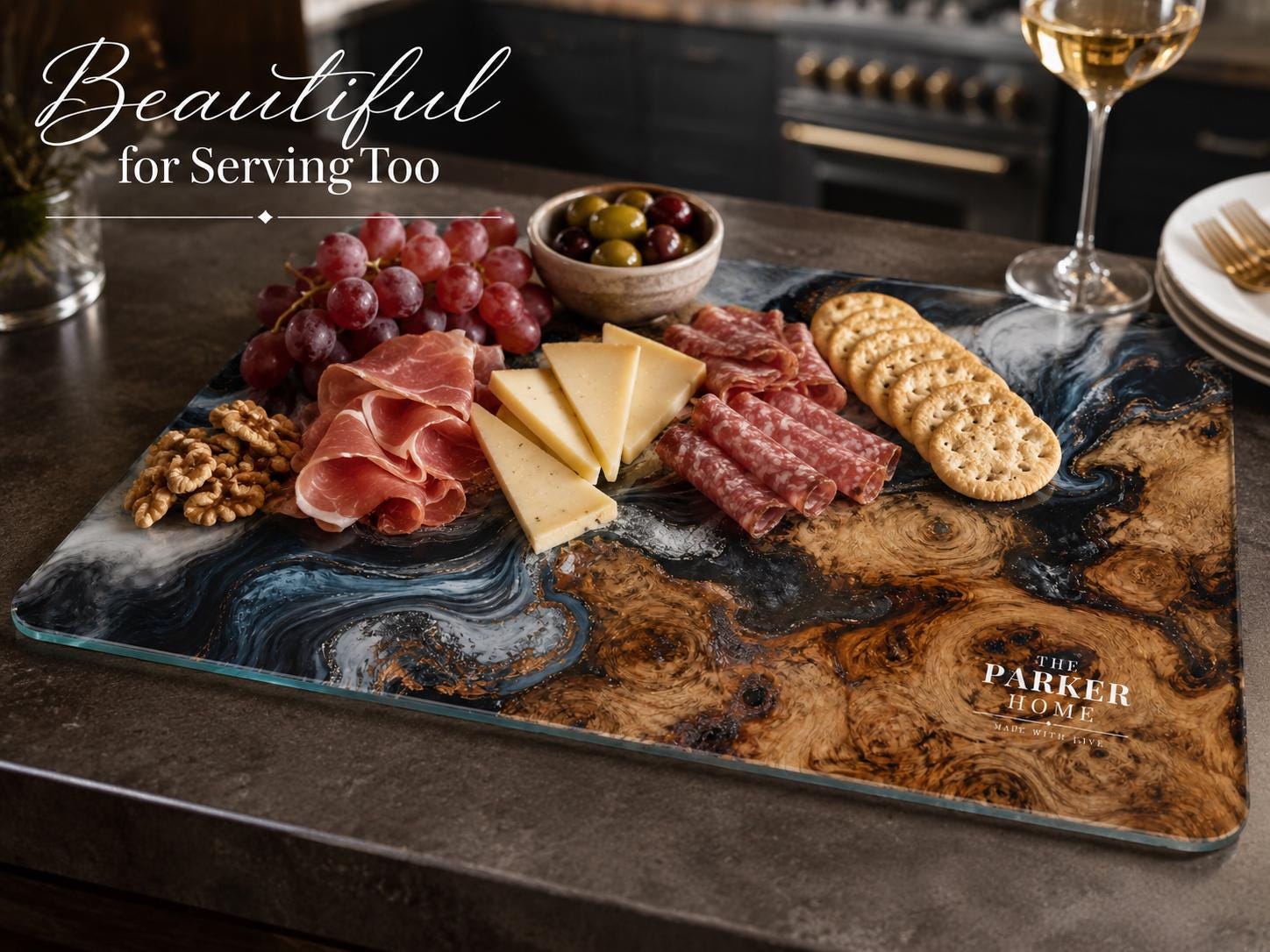 Personalized Glass Cutting Board: Blue Resin Look with Gold Accents
