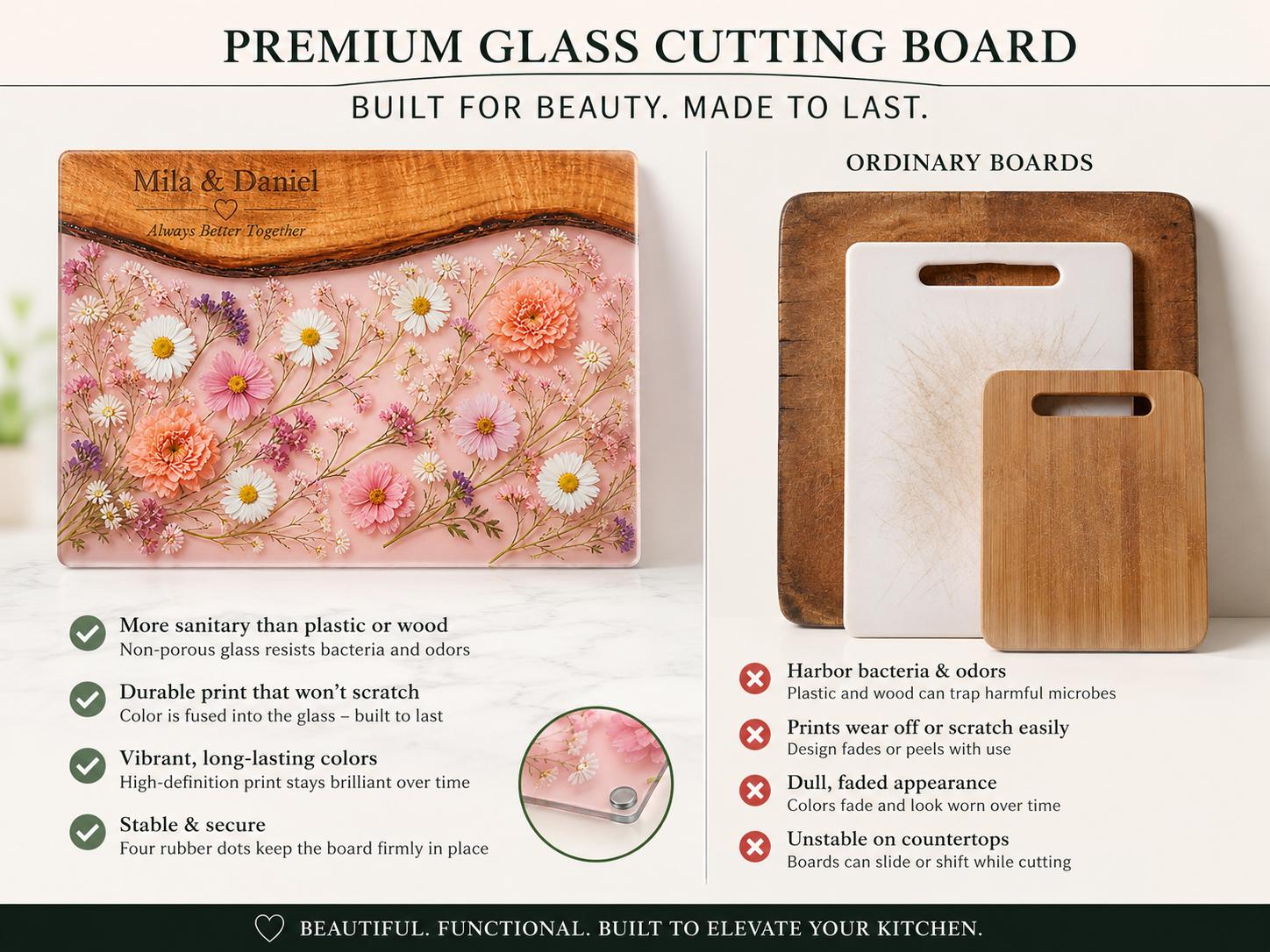 Personalized Floral Charcuterie Board, Pink Glass Serving Board, Custom Couple Cheese Board Gift