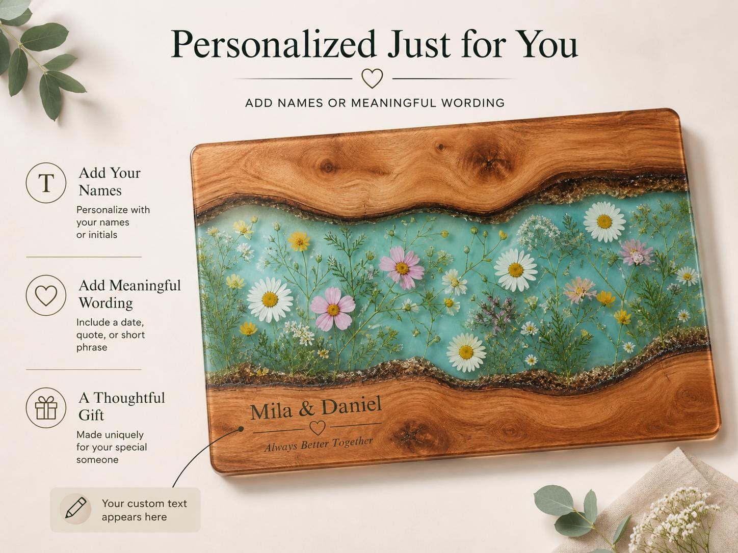 Personalized Cheese Board, Floral Cutting Board, Custom Couple Kitchen Gift