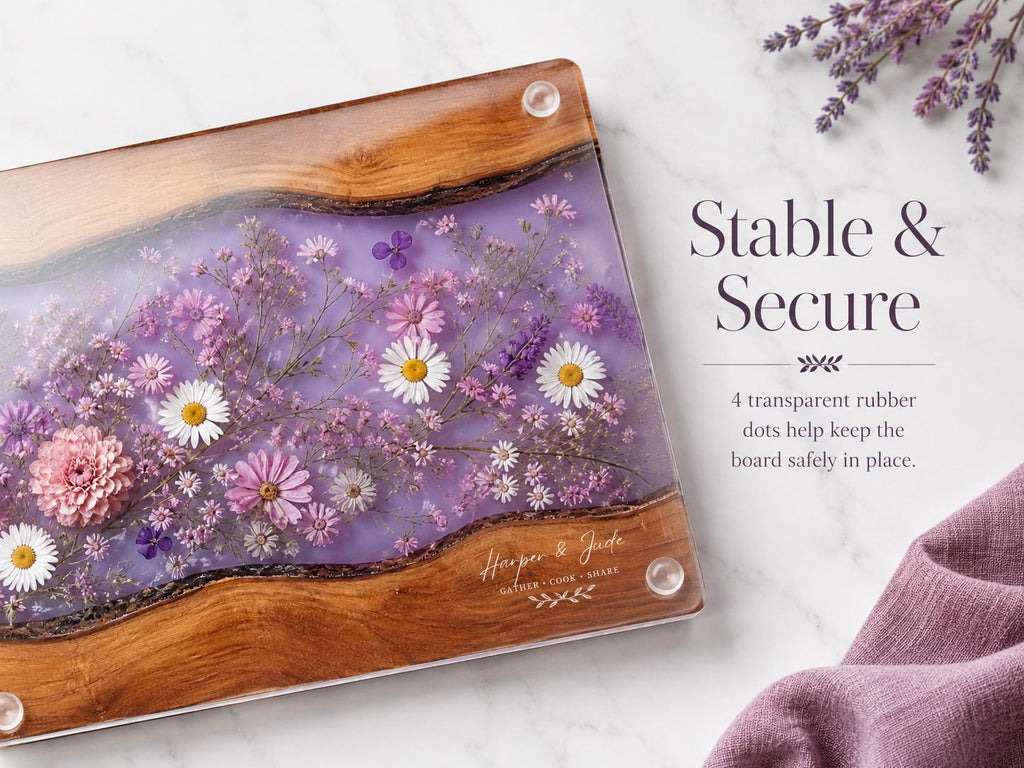 Personalized Floral Cutting Board, Purple Wildflower Glass Board, Custom Kitchen Gift for Housewarming