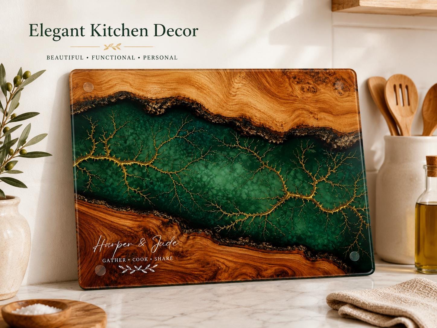 Custom Cutting Board: Blue Resin Style with Gold Accents - Personalized Gift