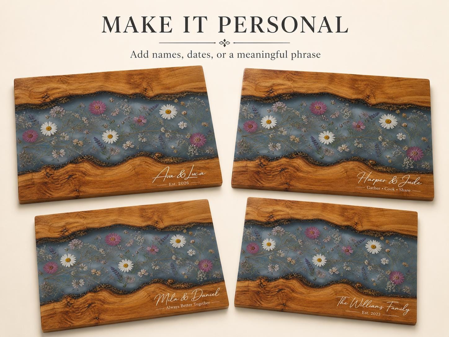 Personalized Cutting Board, Blue Floral Cheese Board, Custom Kitchen Gift