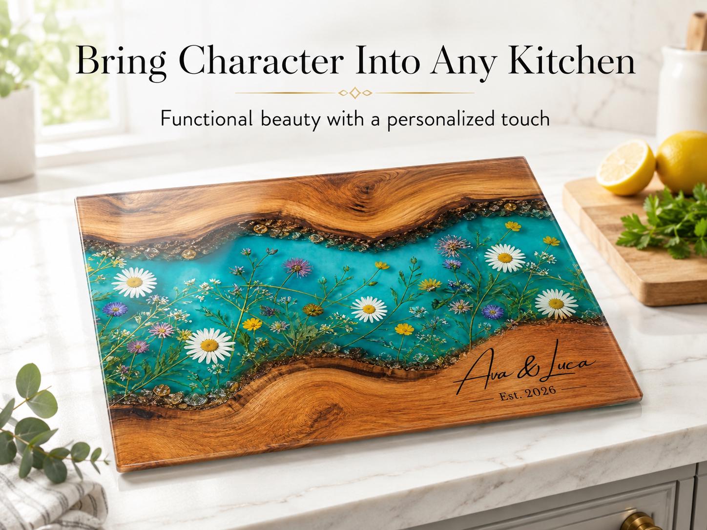 Personalized Turquoise Floral Glass Board, Custom Couple Cutting Board, Wildflower Kitchen Gift