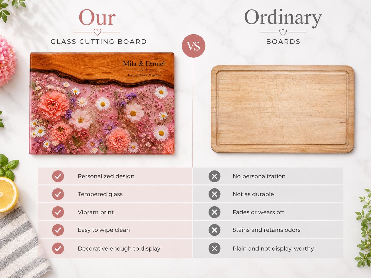 Personalized Glass Cutting Board, Pink Floral Tempered Glass Board, Custom Couple Wedding Gift