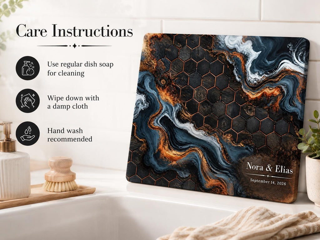 Custom Glass Cutting Board - Blue Resin Style with Gold Detail