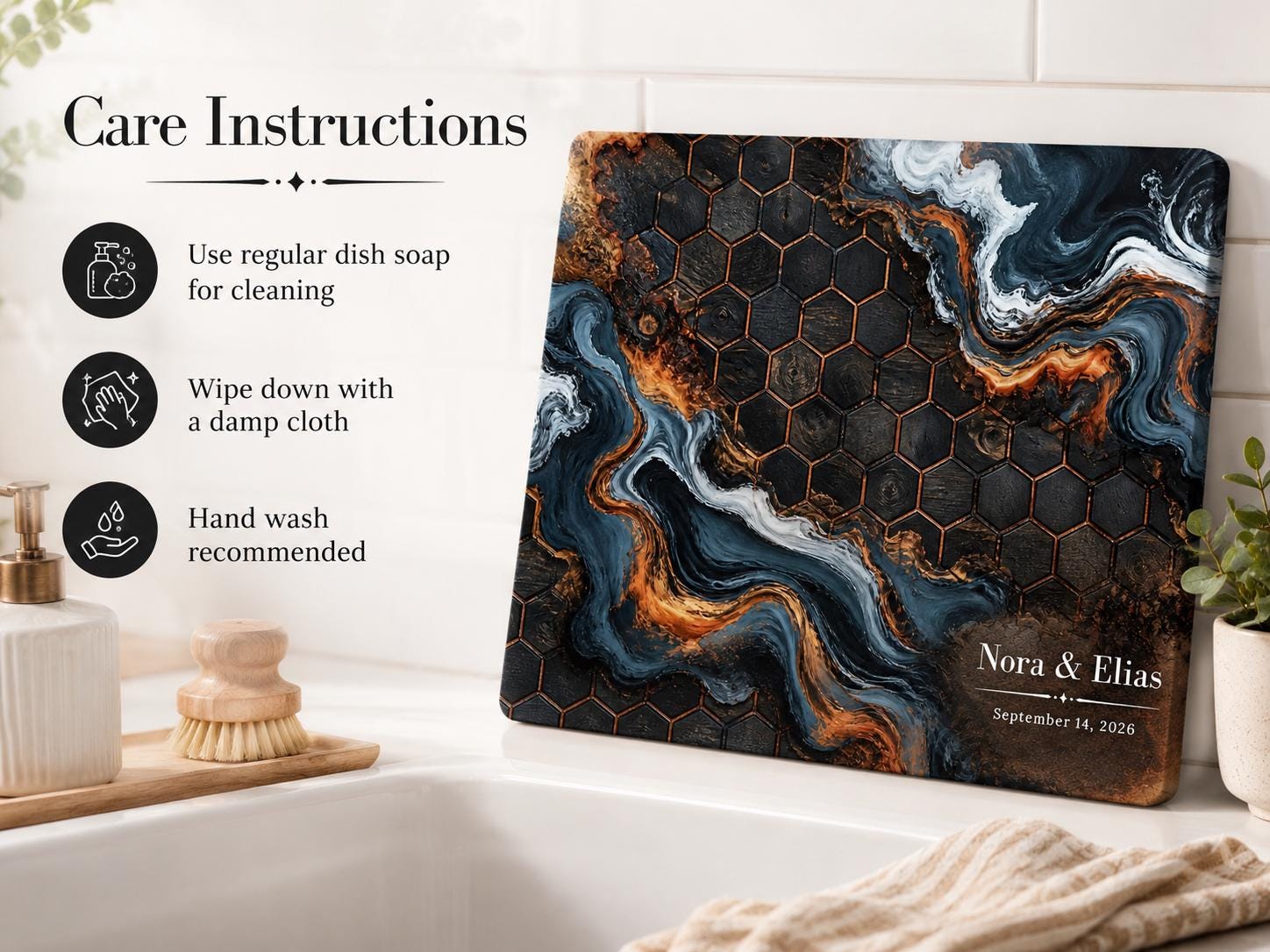 Custom Glass Cutting Board - Blue Resin Style with Gold Detail
