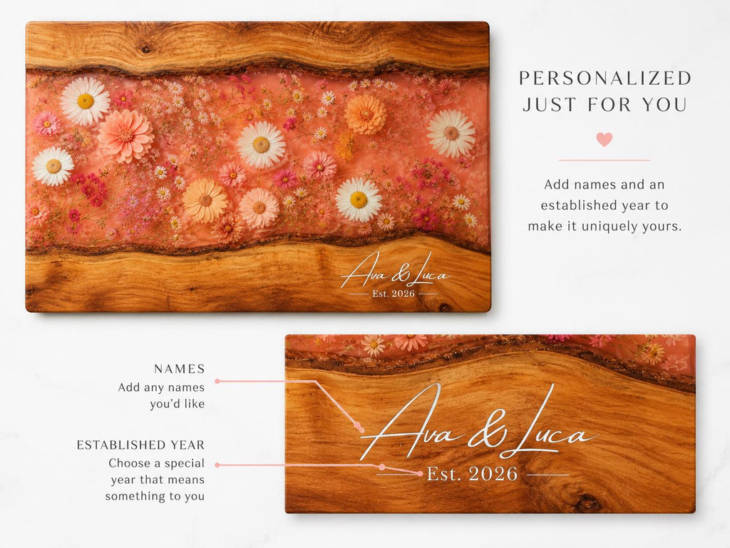 Personalized Floral Kitchen Decor Board, Coral Wildflower Serving Board, Custom Couple Housewarming Gift