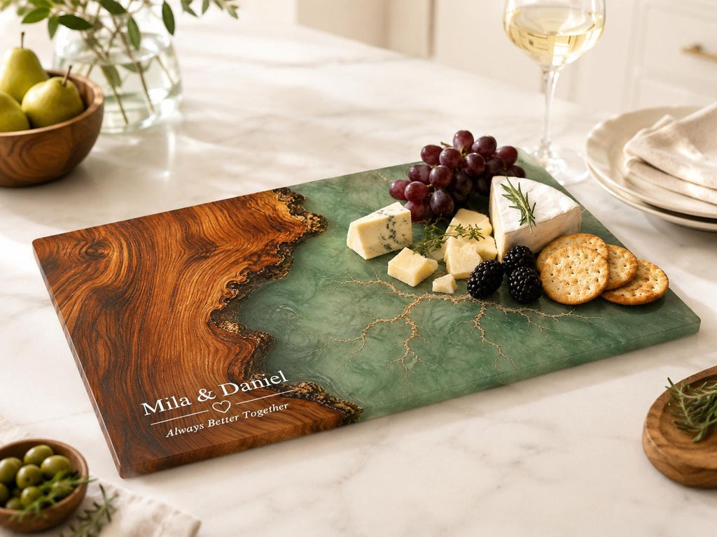 Personalized Charcuterie Board, Green Marble Glass Cutting Board, Custom Couple Gift