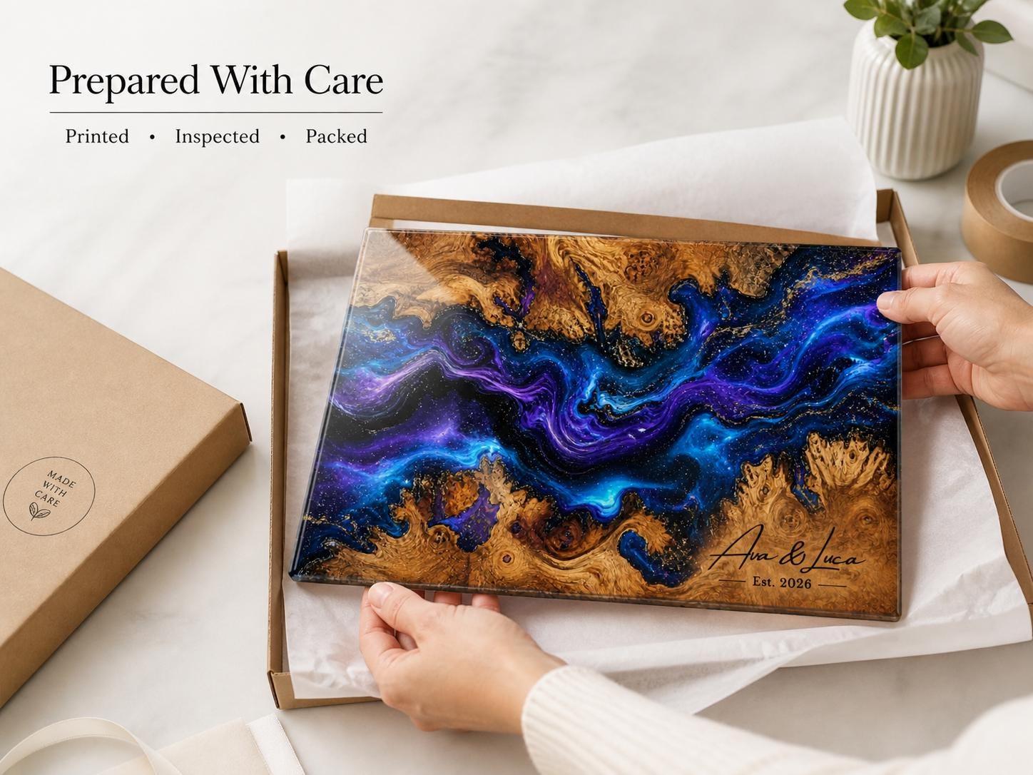 Personalized Glass Charcuterie Board, Blue Purple Galaxy Serving Board, Custom Couple Name Cutting Board Gift