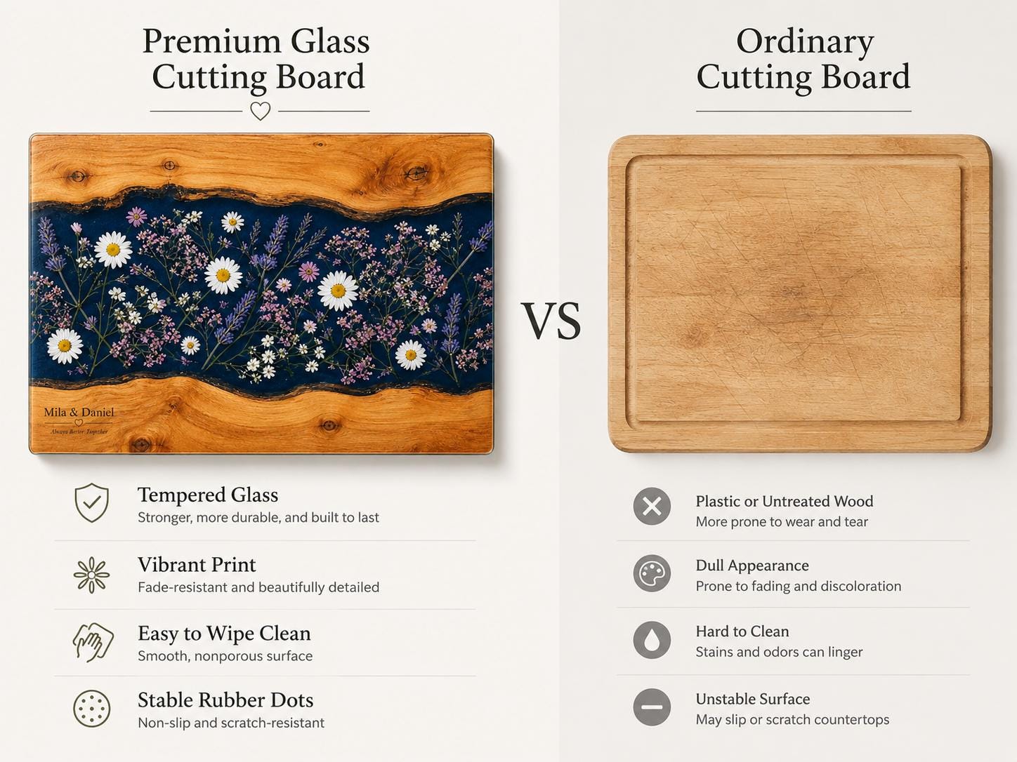 Personalized Glass Cutting Board, Blue Resin & Wood Design (8x11 or 11x15)