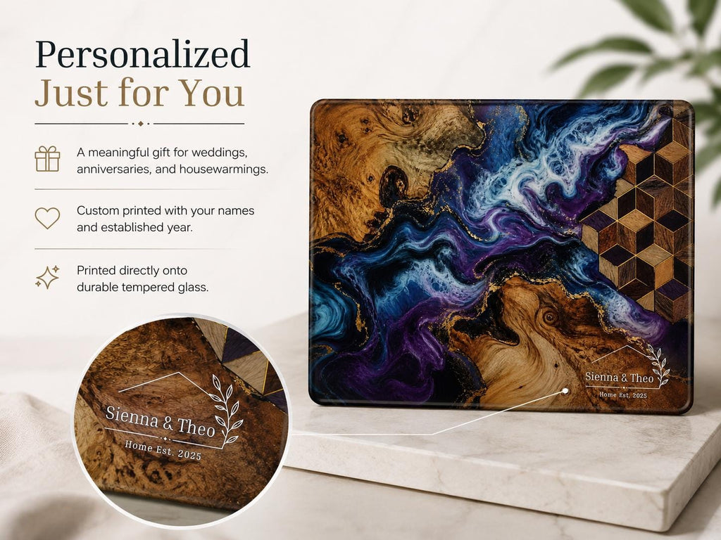 Personalized Glass Cutting Board: Floral Design - Rustic Wood Style